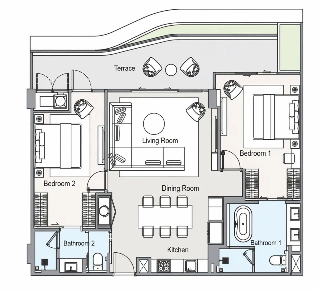 2 спальни 121.00 м²